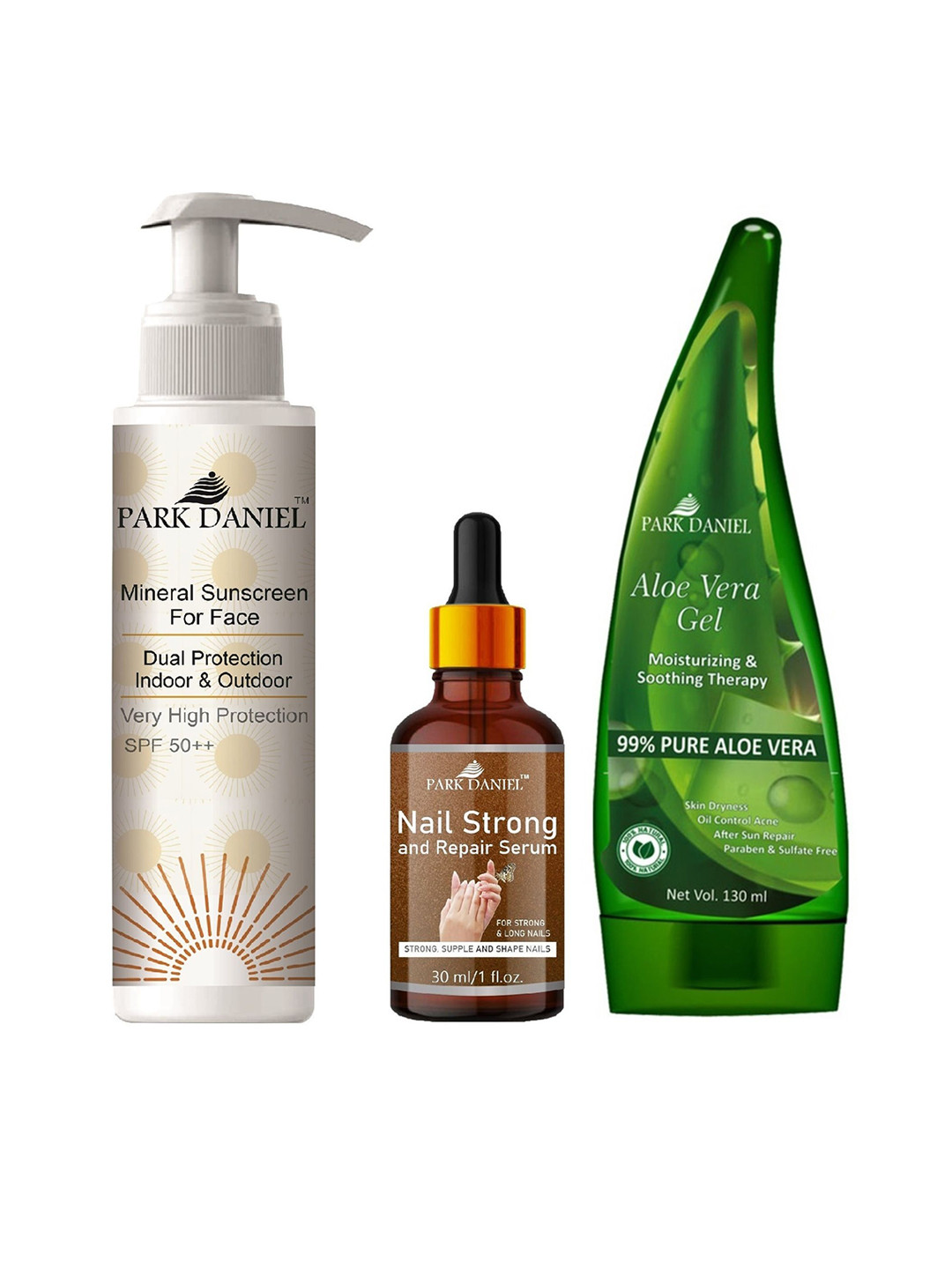 Park Daniel 3-Pcs SPF 50++ Mineral Sunscreen with Nail Strong Repair Serum & Aloe Vera Gel