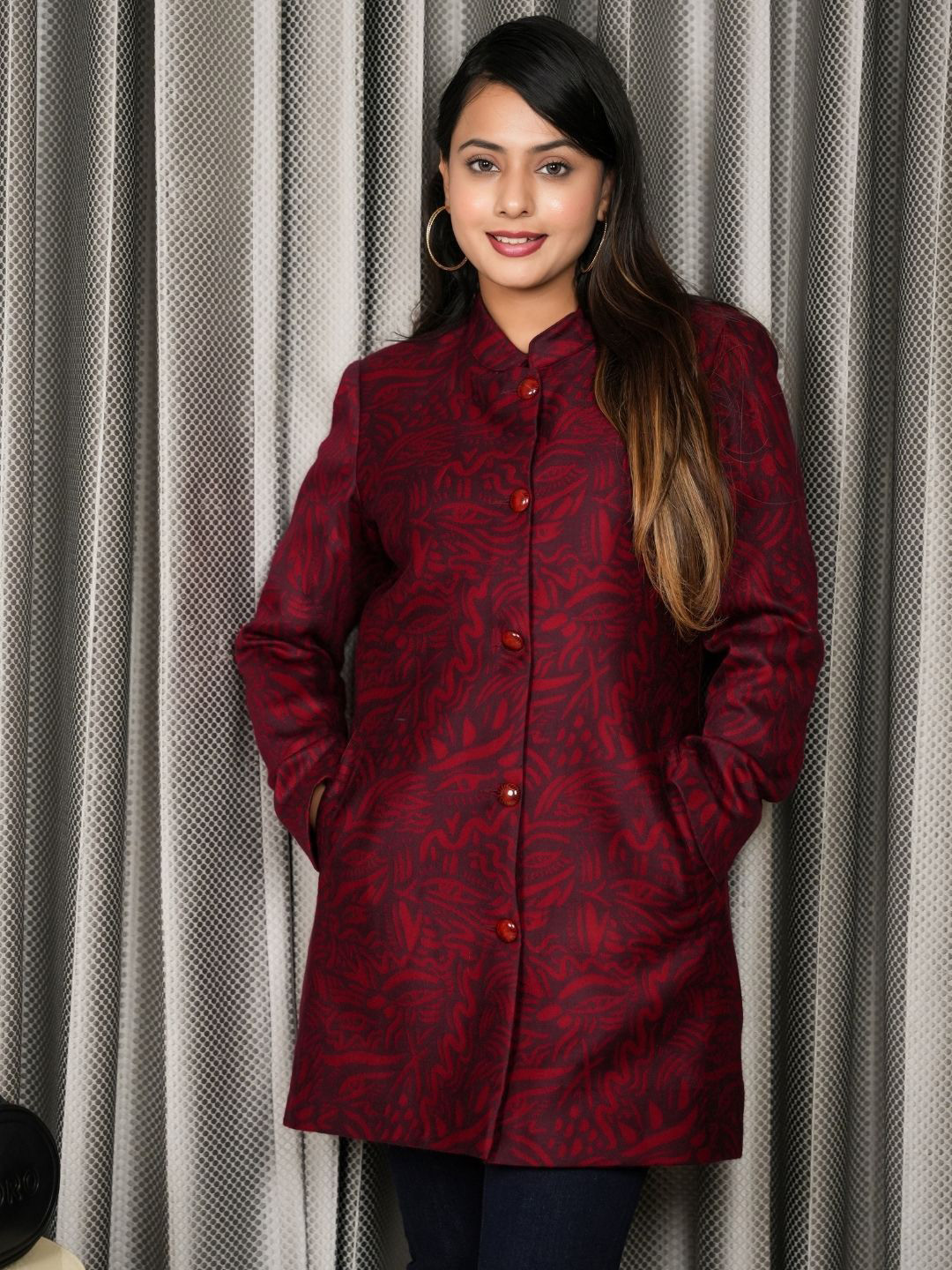 HOUSE OF KIRNA'S WITH LOGO OF HOK Women Self Design Embroidered Long Coat