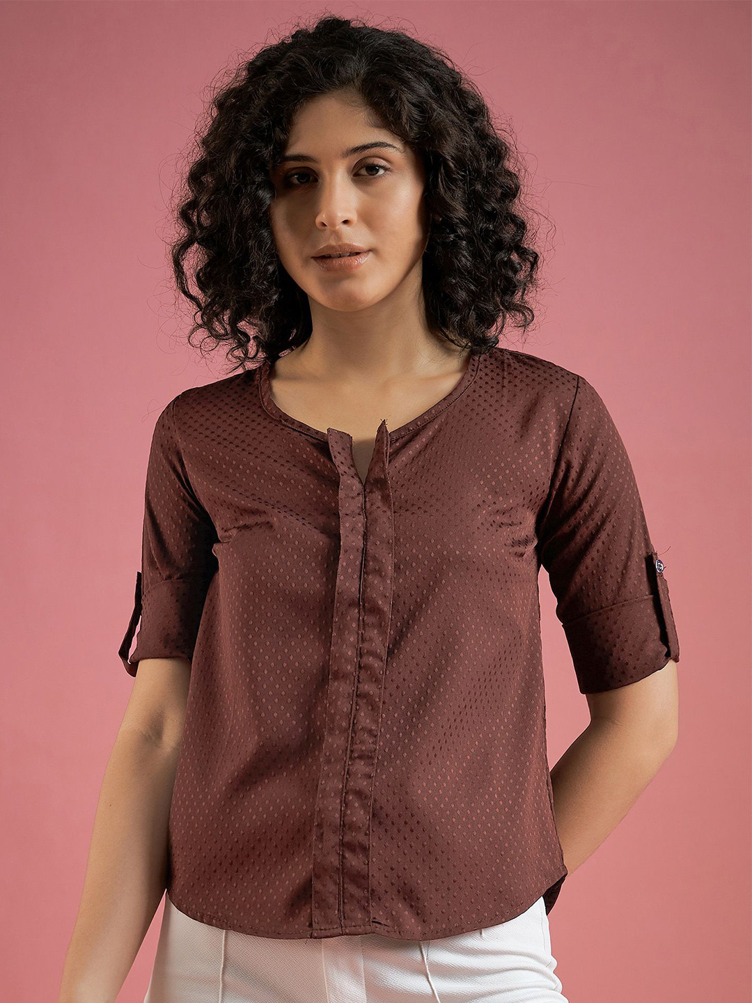 Mayra Women Round Neck Roll-Up Sleeves Top