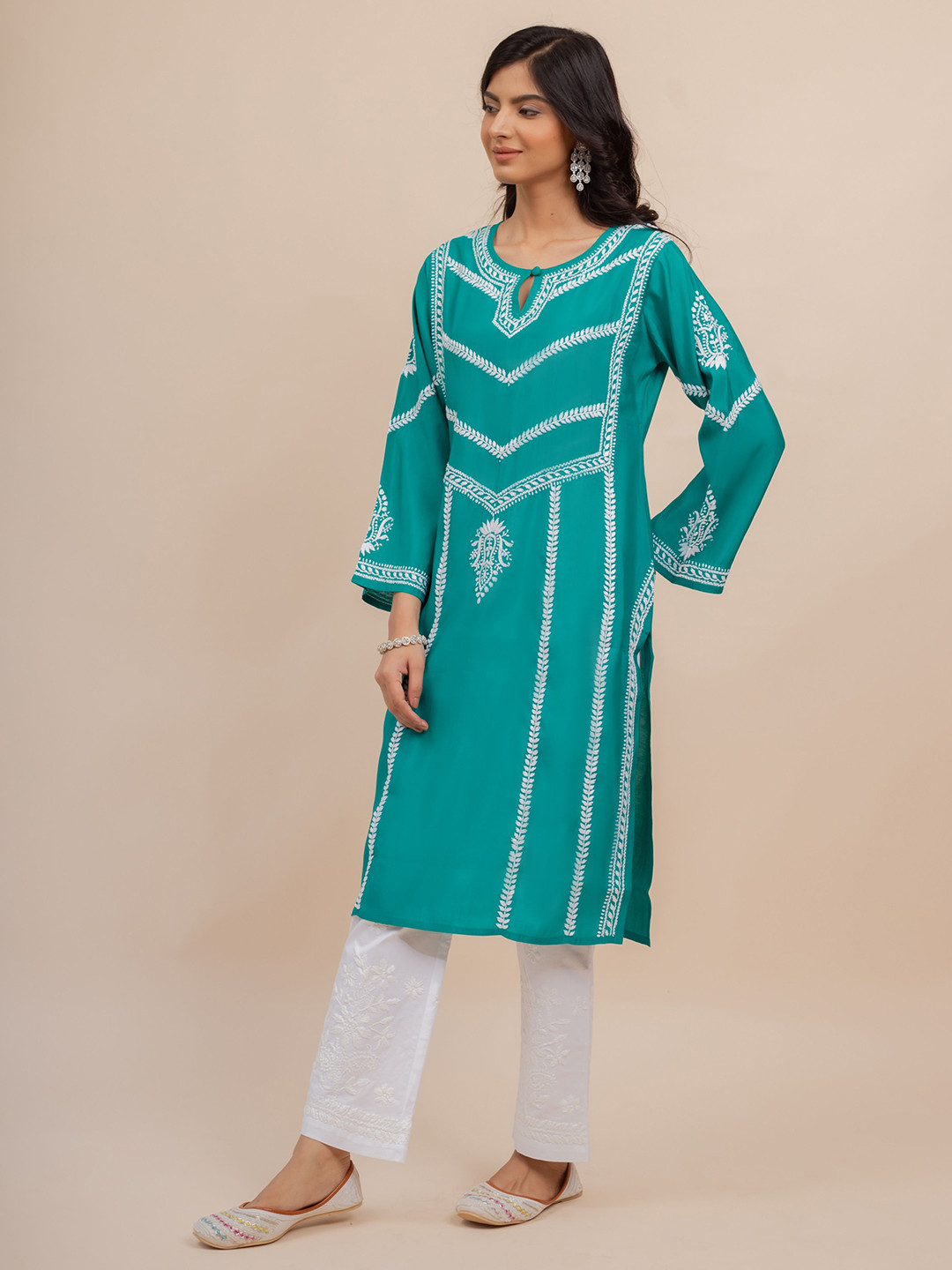 HOUSE OF KARI Women Embroidered Green Chikankari Muslin Cotton Kurta