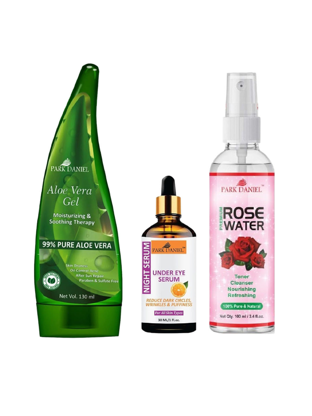 Park Daniel Set Of 3 Aloe Vera Gel- 130 ml, Rose Water- 100 ml & Under Eye Serum- 30 ml
