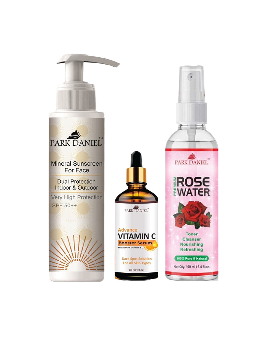 Park Daniel 3-Pcs Mineral Sunscreen 100ml With Vitamin C Serum 30ml & Rose Toner 100ml
