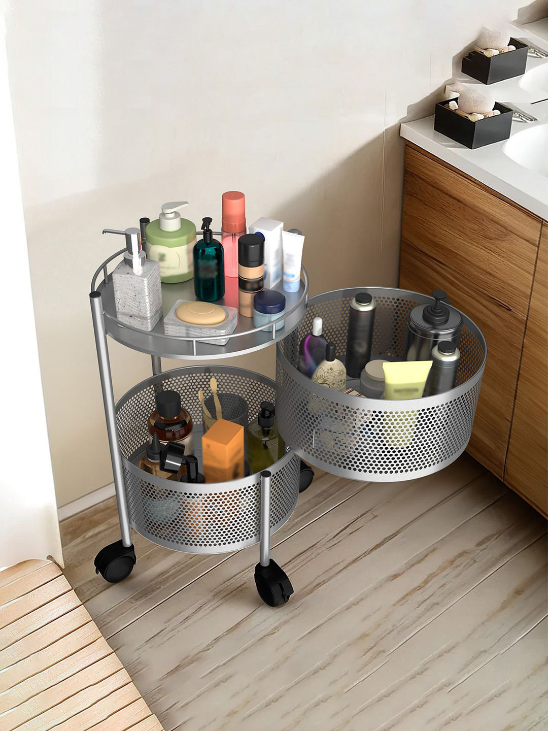 Kuber Industries Silver Toned 2 Pieces Textured Rotating 2-Tier Multi-Utility Organisers