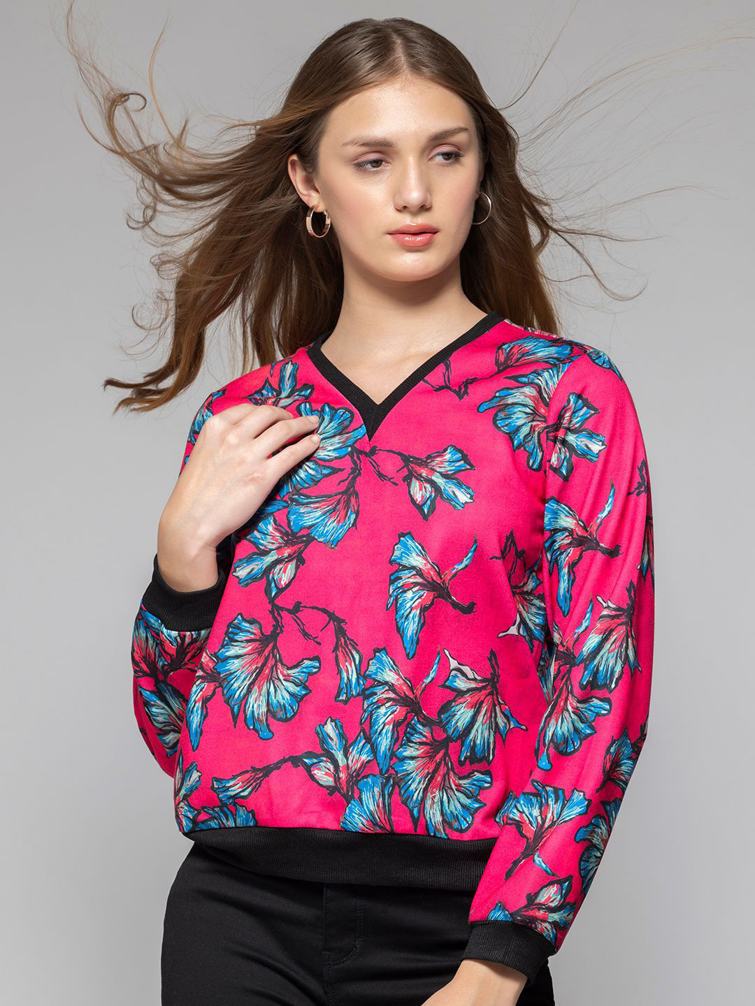 SHAYE Floral Fleece V-Neck Sweatshirt