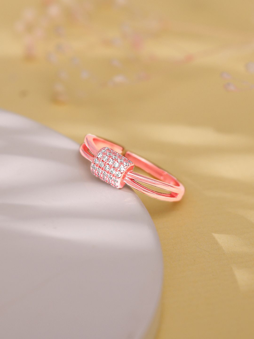 GIVA 925 Sterling Silver Rose Gold Plated Stone Studded Lucky Loop Finger Ring