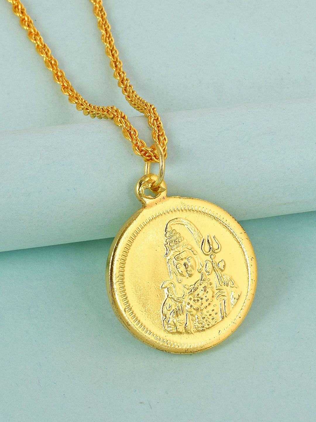 MEMOIR Unisex Gold-Plated Reversible DURGA & SHIVA Coin Circular Pendant
