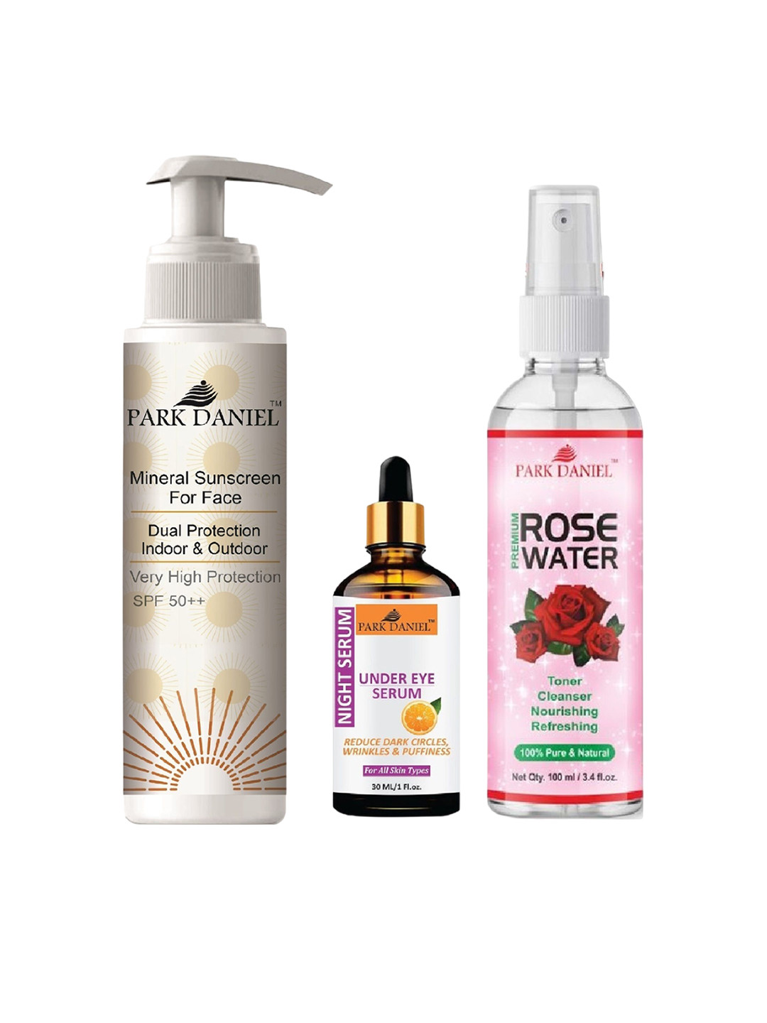 Park Daniel Set Of Mineral Sunscreen 100ml With Rose Water 100ml & Under Eye Serum 30ml