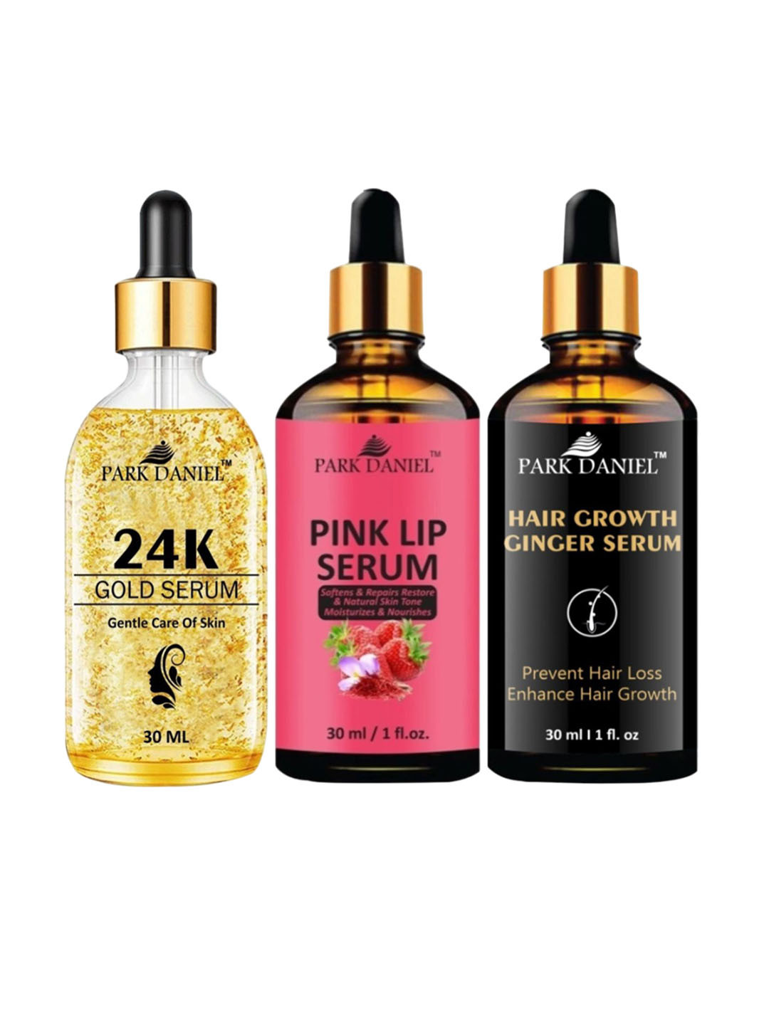 Park Daniel Set Of 3 24K Gold Serum With Pink Lip Serum & Hair Serum