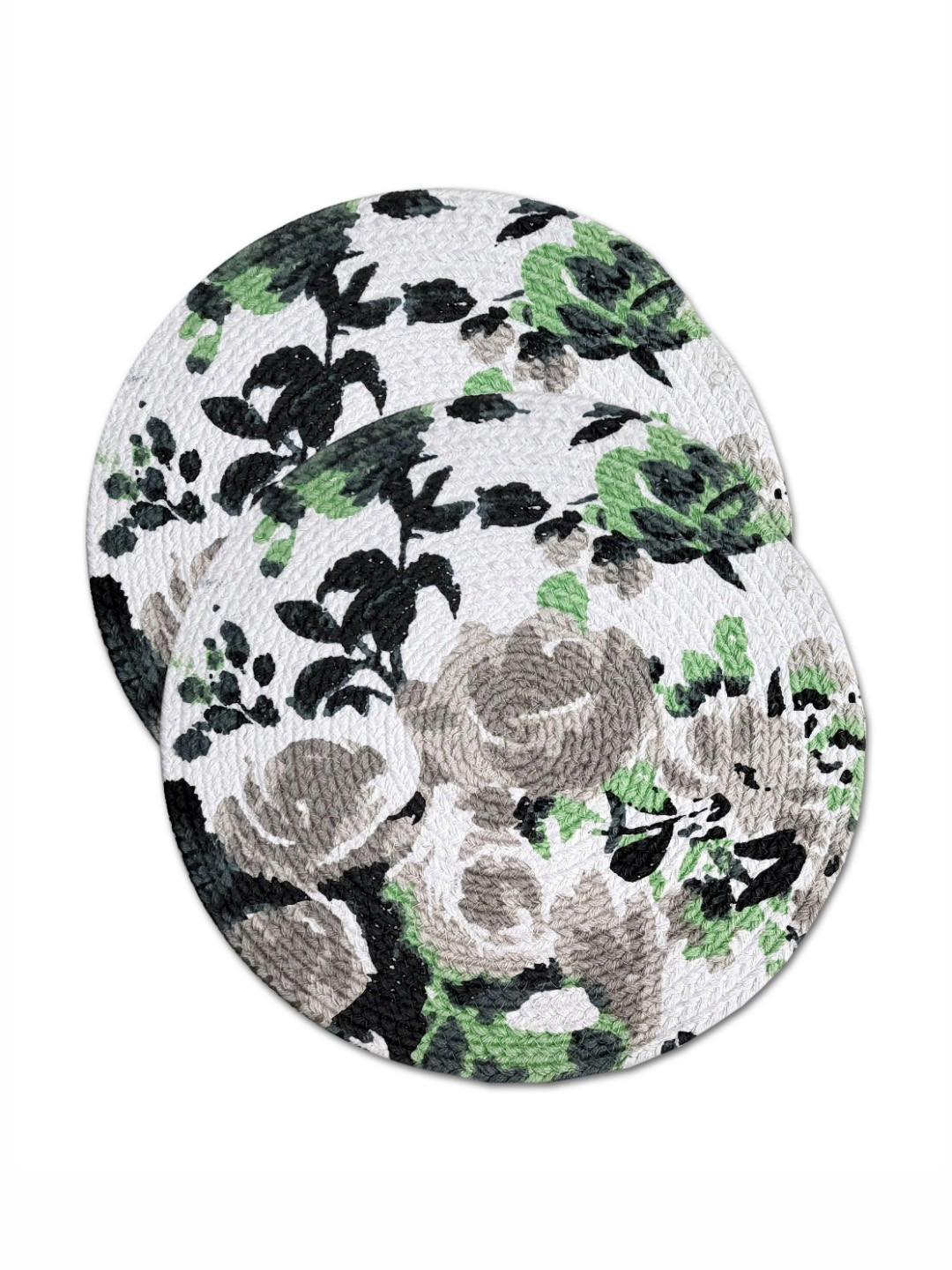 ANA Green & Grey 2 Pieces Floral Printed Round Reversible Cotton Table Placemats