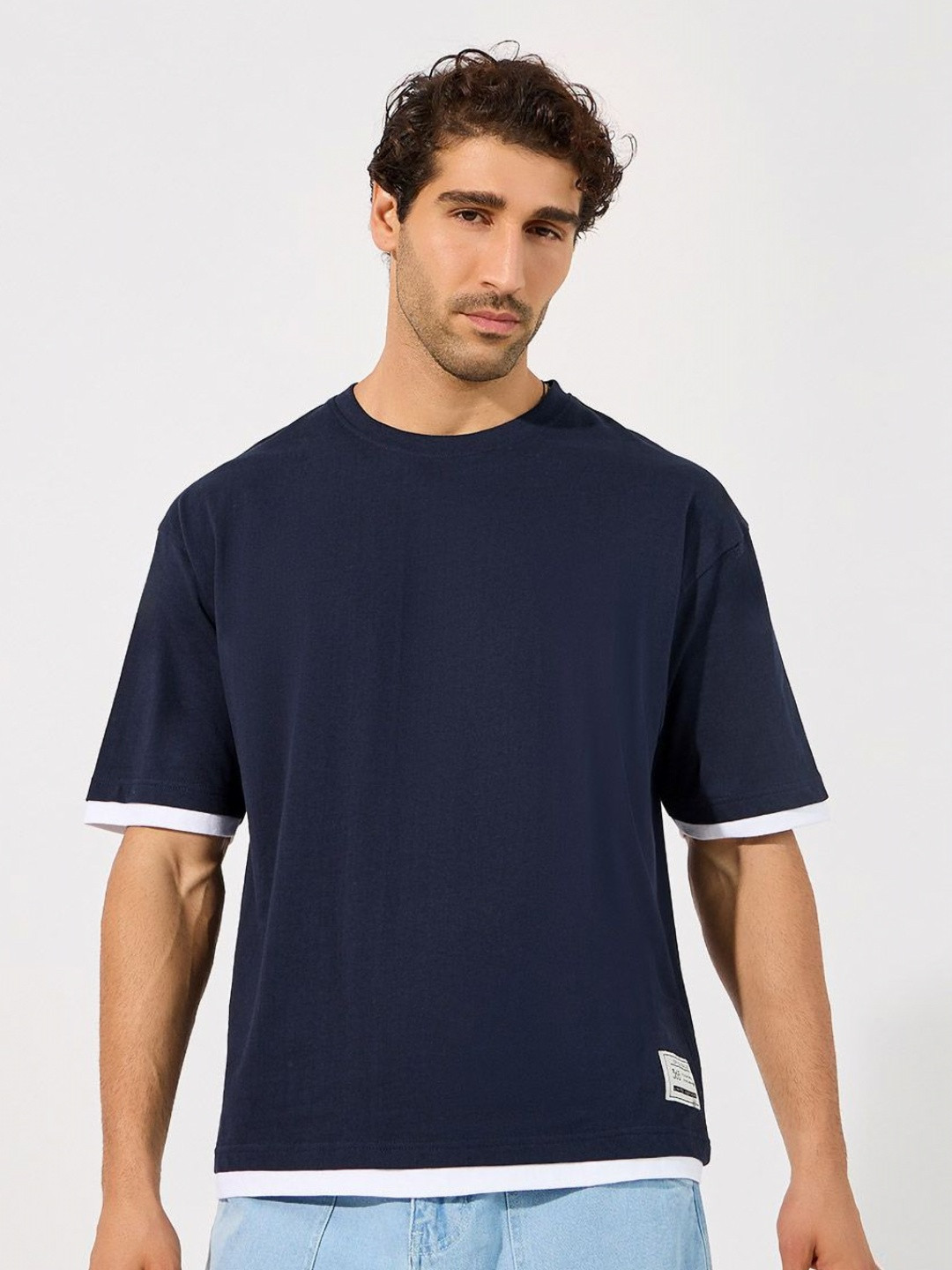 Styli Men Contrast Panel Oversized T-Shirt with Badge Detail