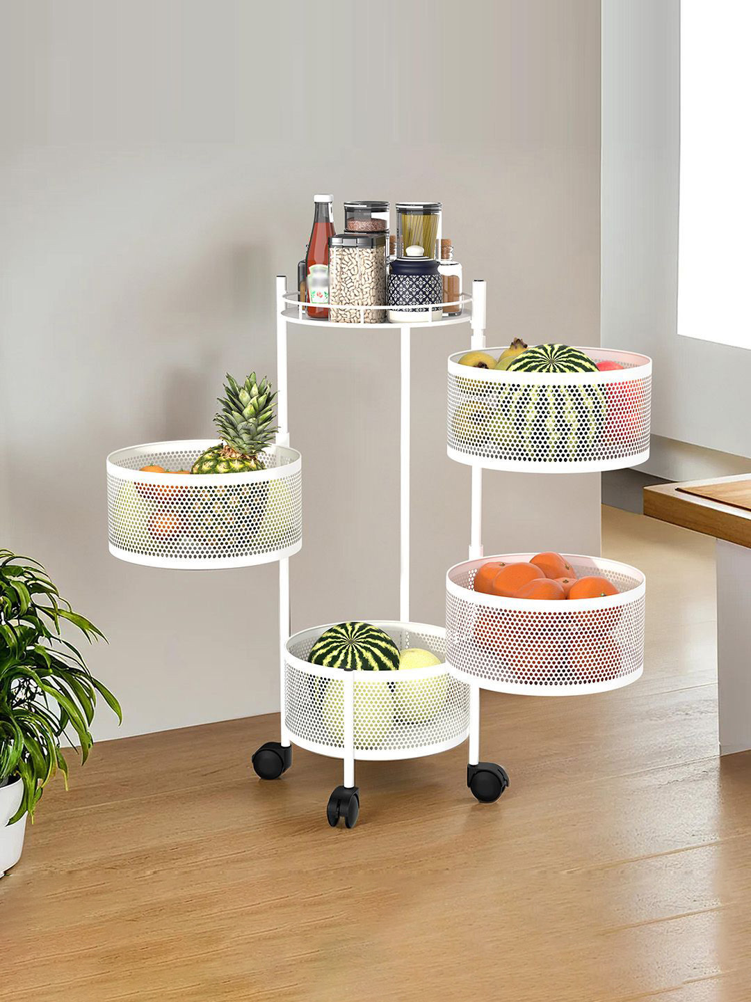 Kuber Industries White Textured 4-Tier Rotating Multi-Utility Organiser