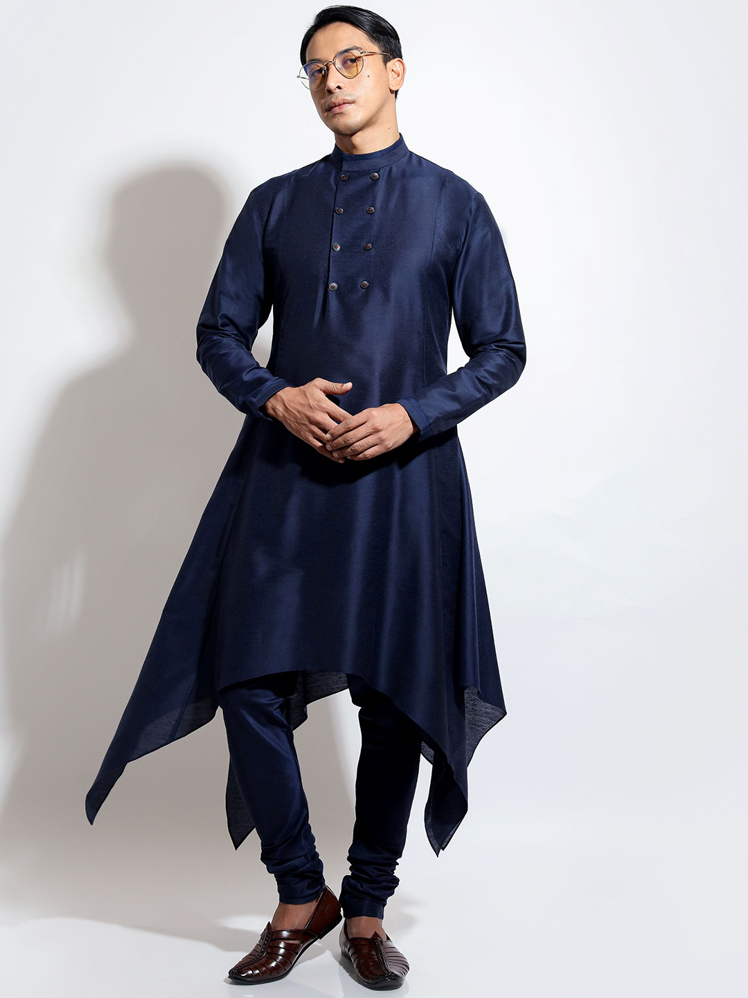 VIVEK KARUNAKARAN Band Collar Tiered Pathani Kurta with Churidar