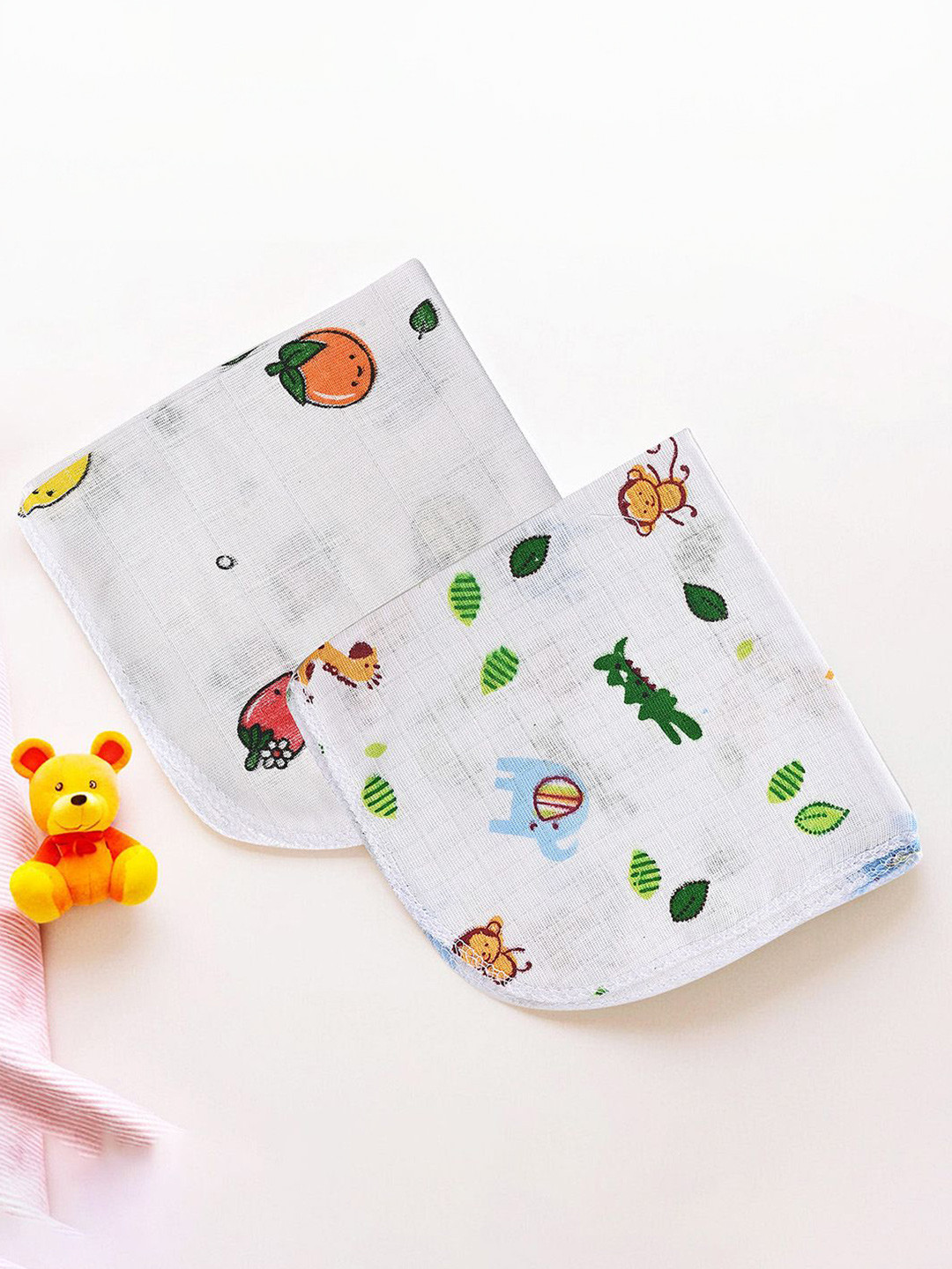 Kuber Industries White & Green 2 Pieces Cartoon Printed Cotton Swaddling Towel Set