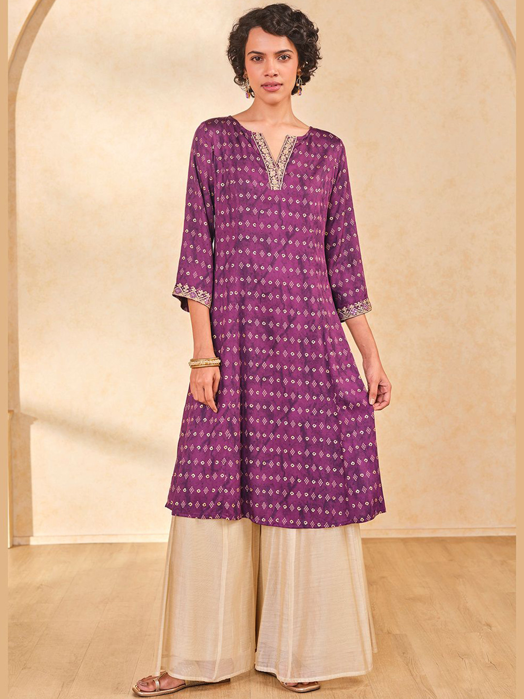 Global Desi Bandhani Woven Design Notched Neck A-Line Kurta