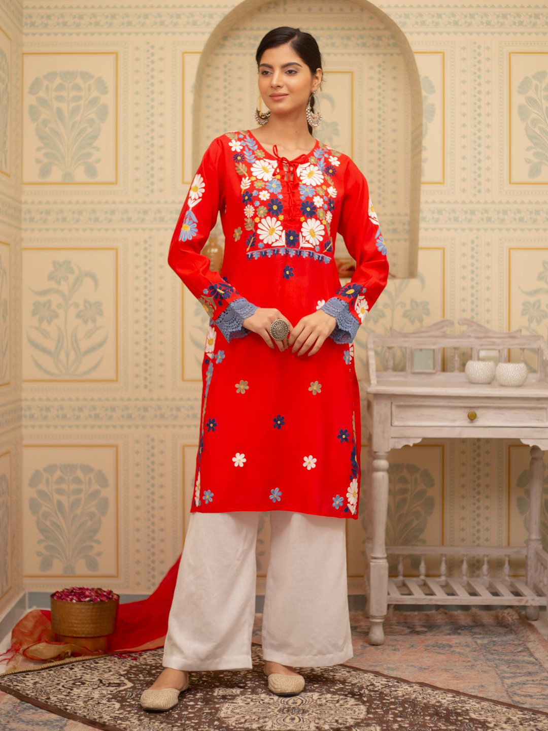 HOUSE OF KARI Women Floral Red Muslin Cotton Kurta with Aari work