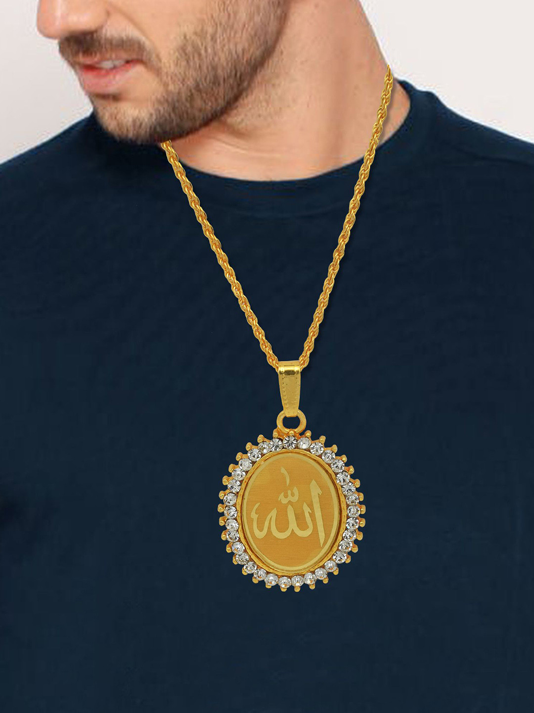 MEMOIR Unisex Gold-Plated Cubic Zirconia Allah Word Embossed Oval Pendant