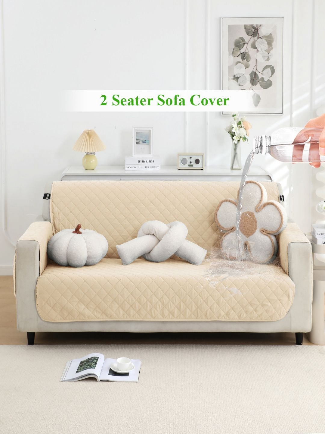 HOKIPO Beige 2-Seater Waterproof Sofa Cover With Arms