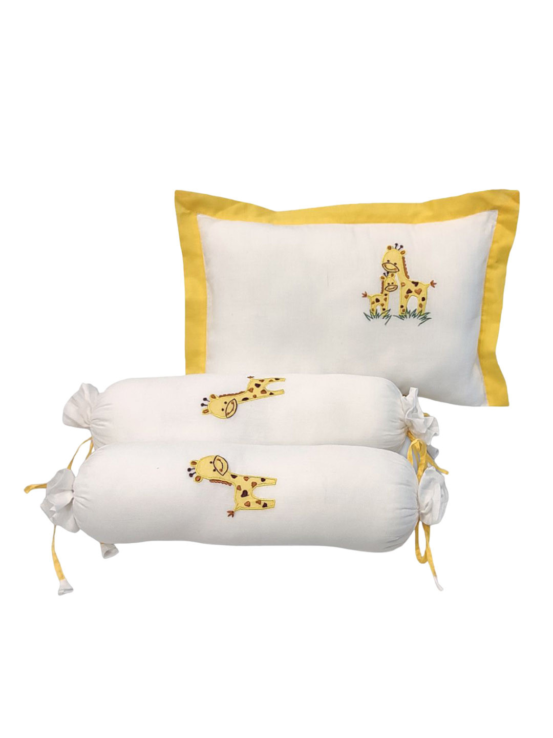 The White Cradle 3-Pcs White & Yellow Pure Cotton Pillow With Bolster