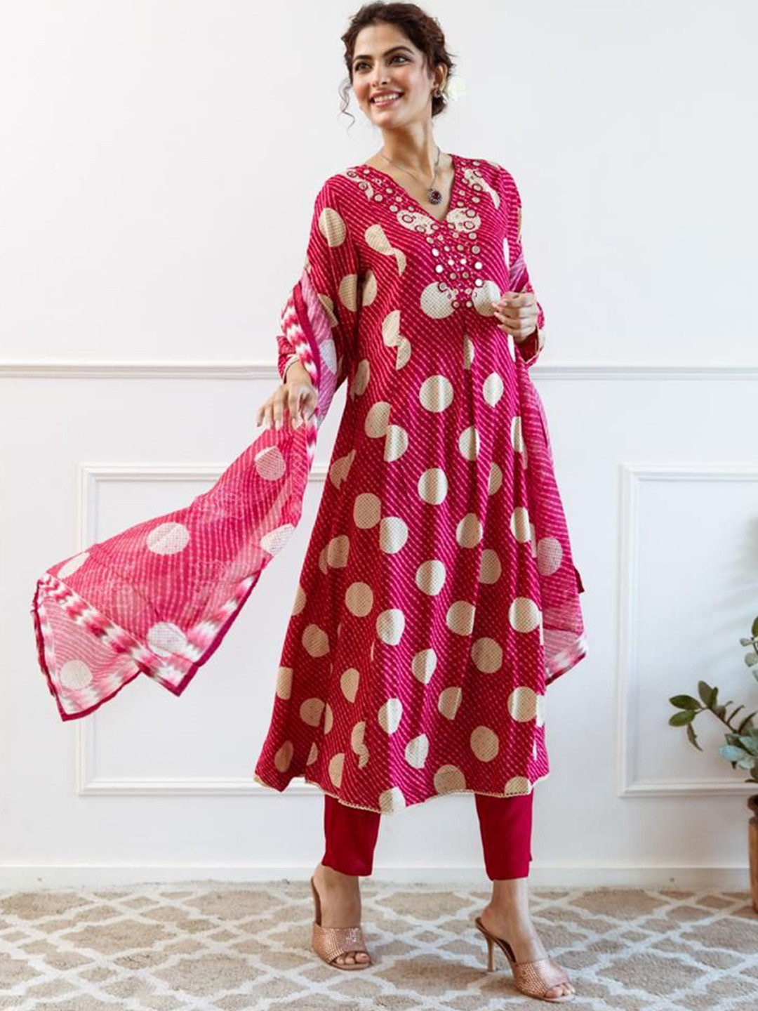 Anouk Pink and Cream Geometric Printed Mirror Work Kurta with Palazzo & Dupatta