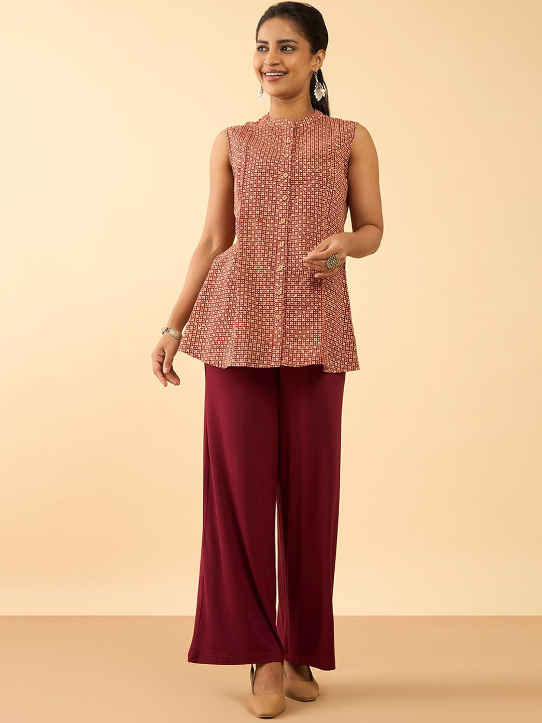 Taneira Geometric Printed Mandarin Collar Sleeveless Pure Cotton Top