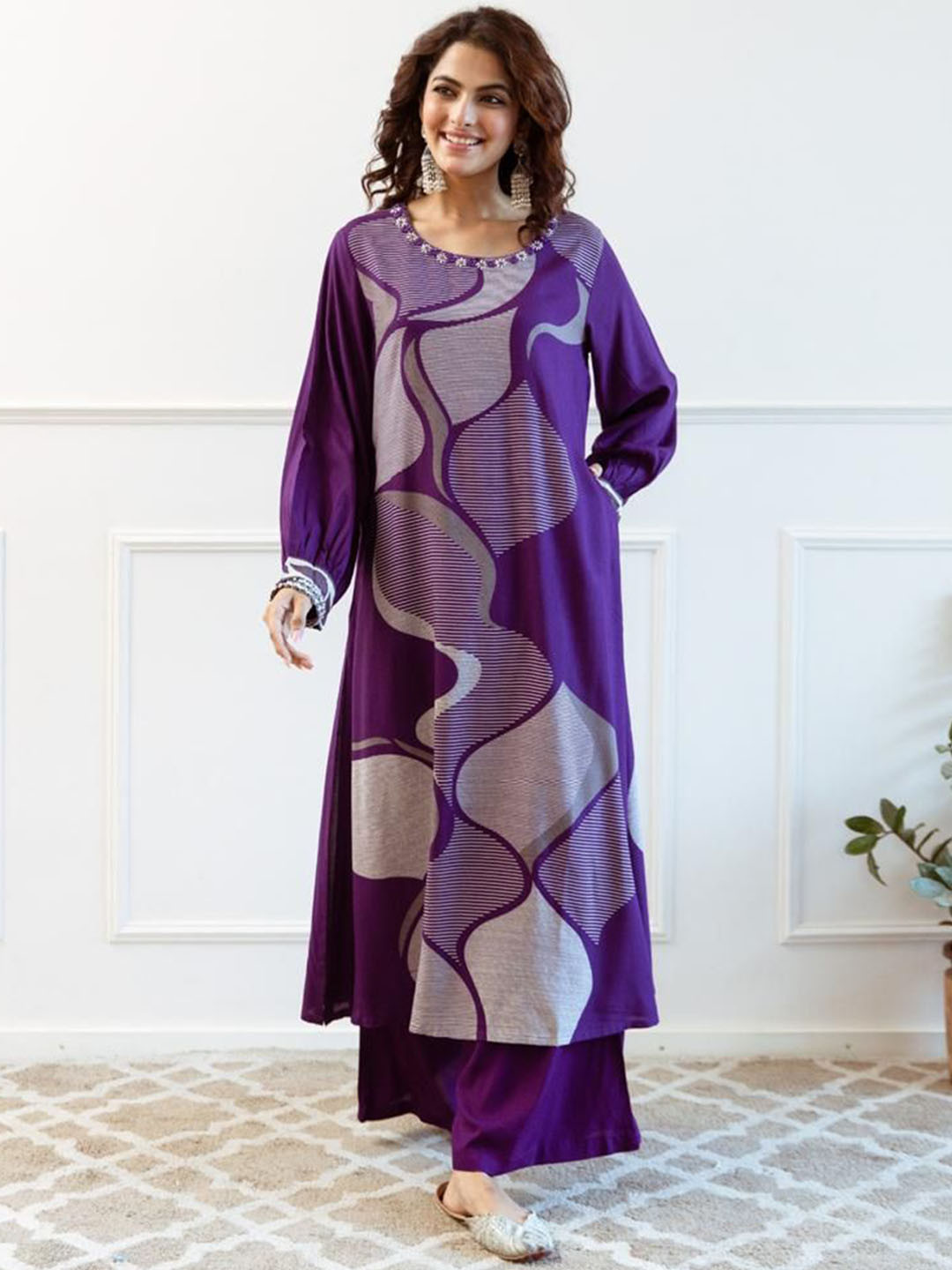 Anouk Purple and White Printed Thread Work Straight Kurta with Palazzos