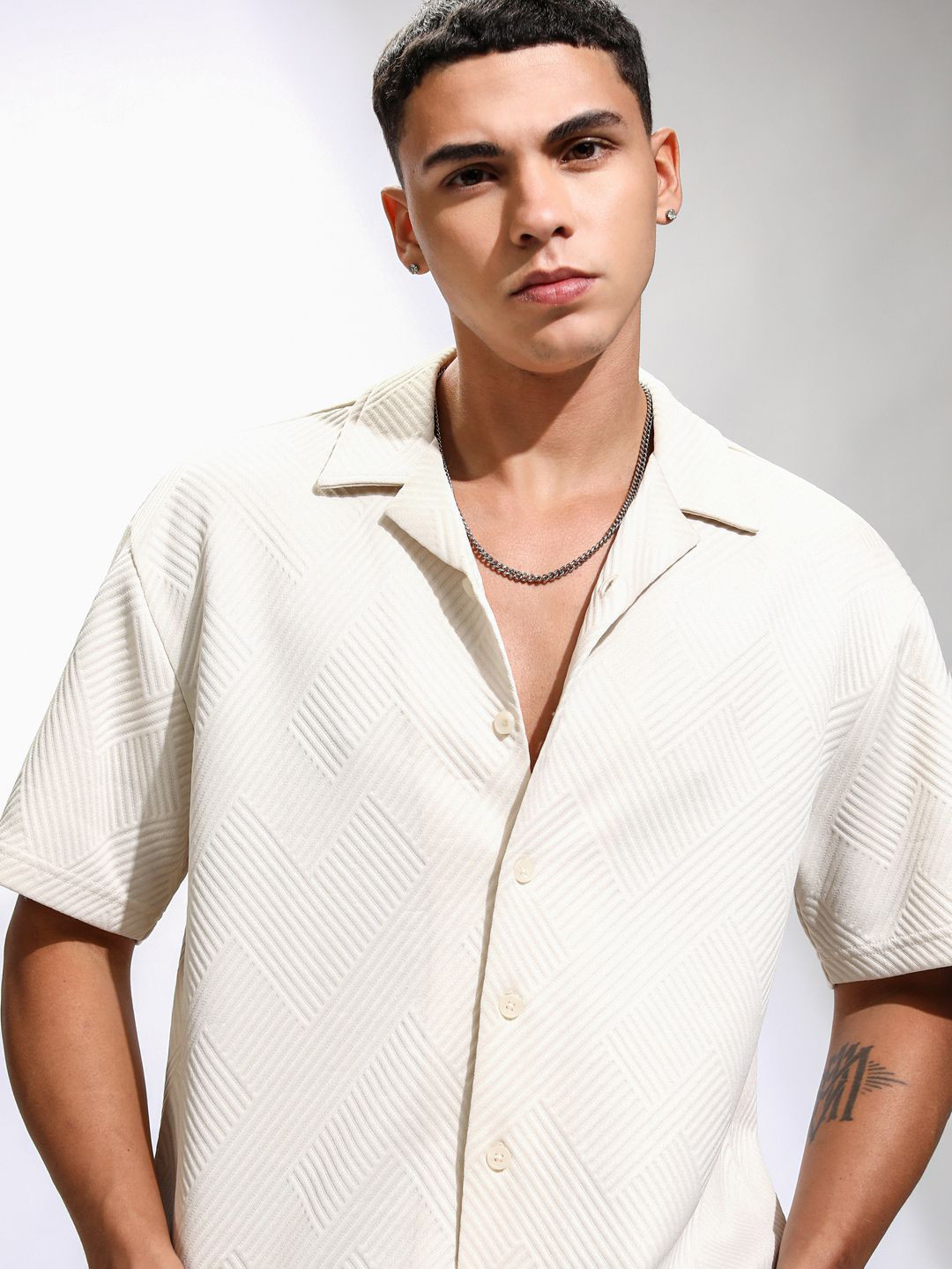 Highlander Men Cuban Collar Half Sleeve Relaxed Jacquard Knit Shirt - Image 1