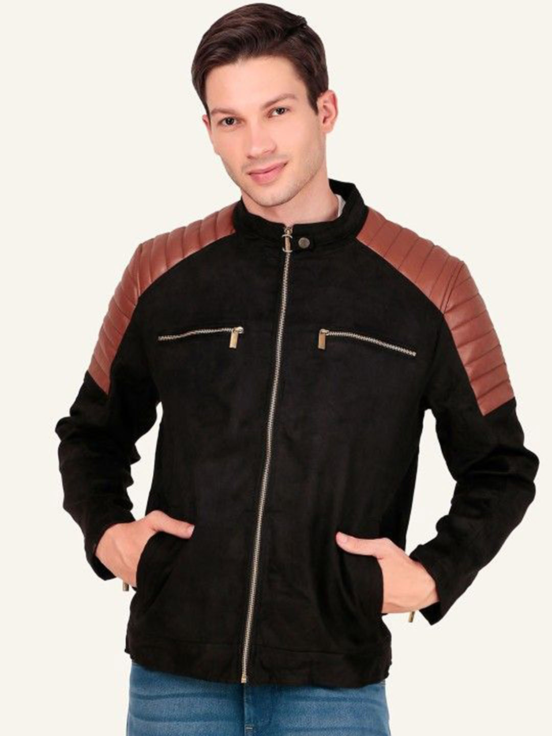 Leather Retail Men Mock Collar Solid Casual Biker Jacket