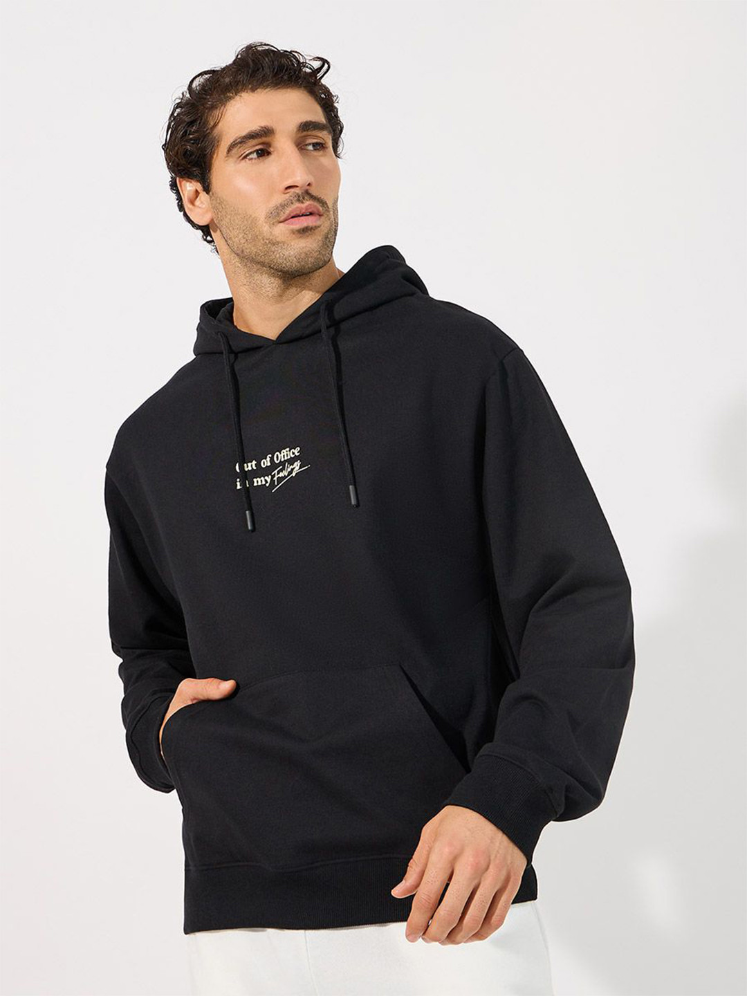 Styli Men Minimal Chest Print Relaxed Fit Hoodie