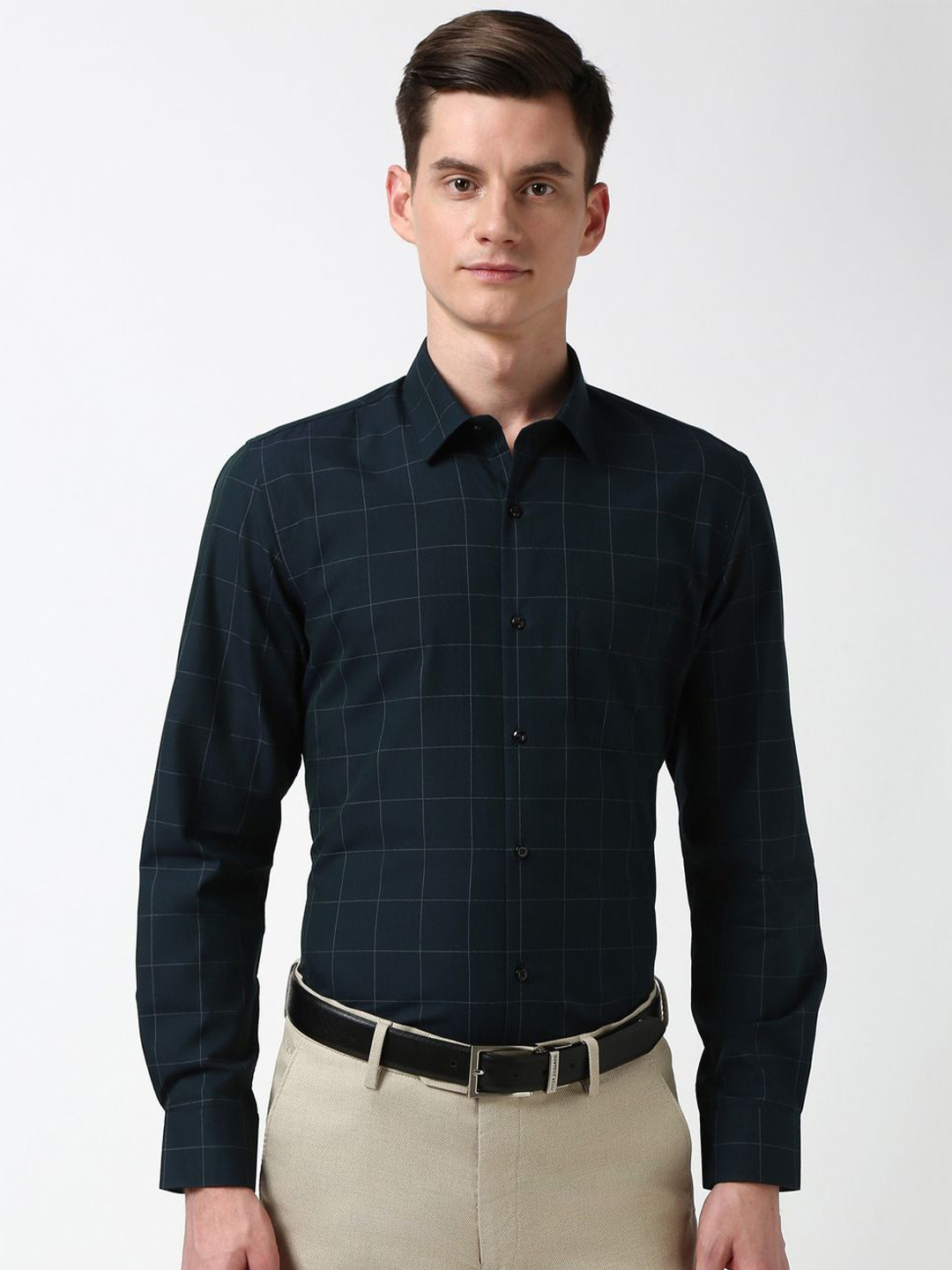 Peter England Men Spread Collar Windowpane Checked Cotton Slim Fit Formal Shirt