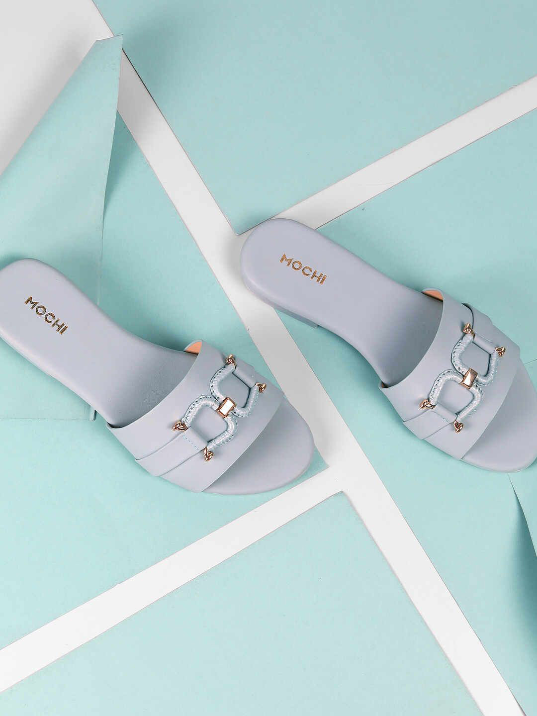 Mochi Womens Blue Open Toe Flats with Buckles