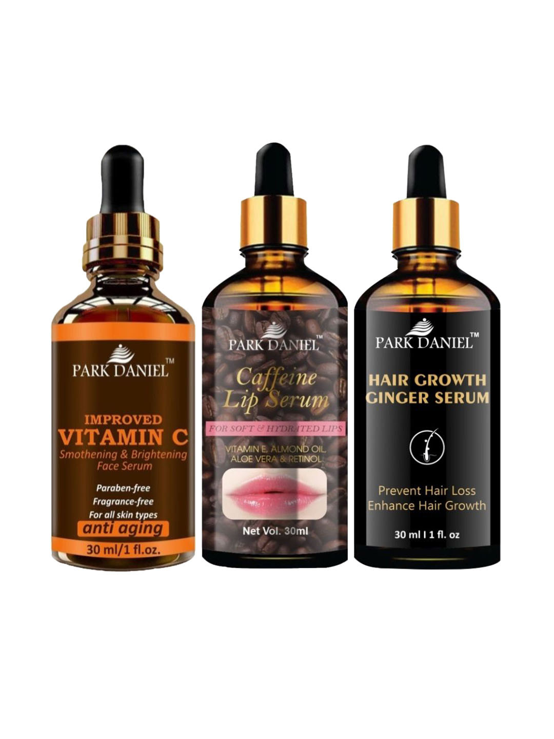 Park Daniel Set Of 3 Improved Vitamin C Face, Lip Serum & Hair Ginger Growth Serums