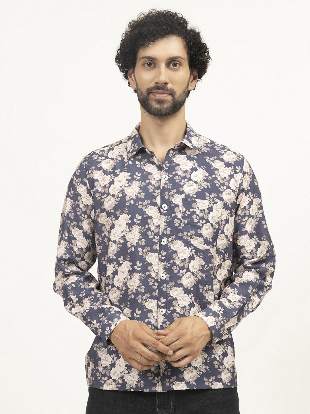 LELA Men New Spread Collar Floral Printed Cotton Casual Shirt