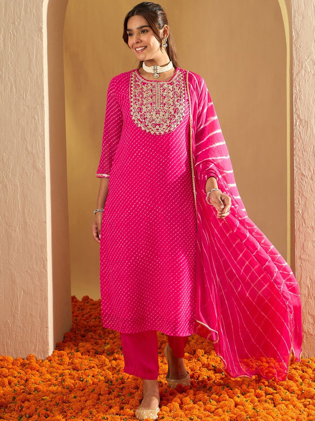 Indo Era Leheriya Printed Sequinned Straight Georgette Kurta With Trousers & Dupatta - Kurta Sets for Women 31257467 | Myntra