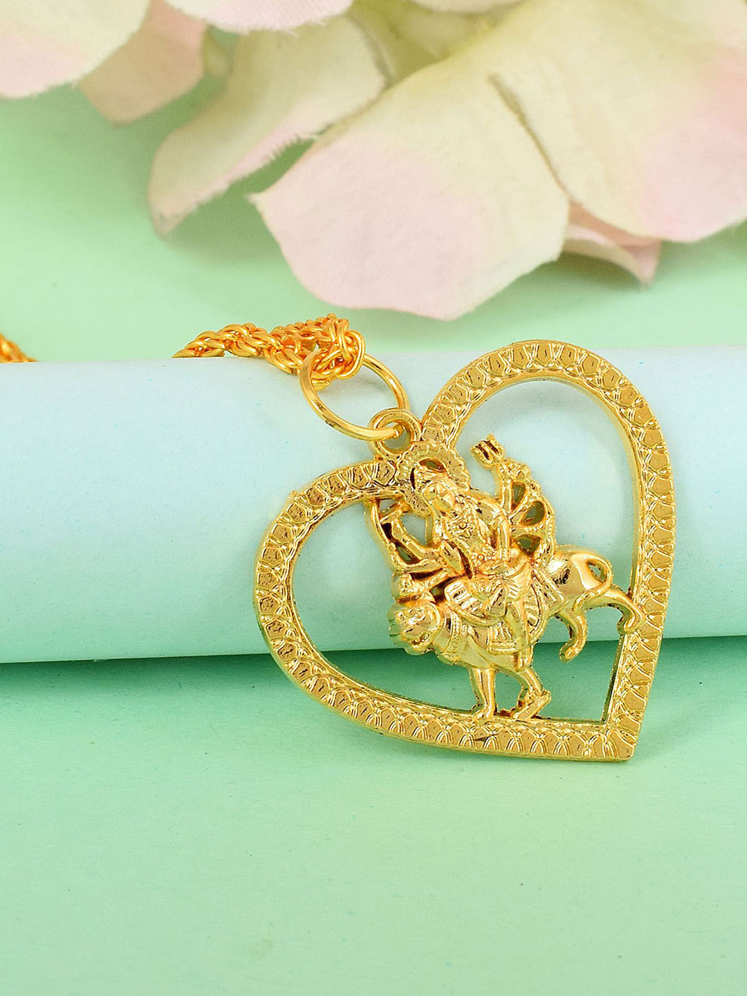 MEMOIR Unisex Gold-Plated Sherawali Vaishno Kaali Ma In Heart Durga Pendant