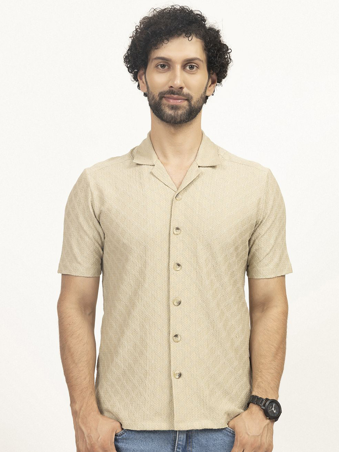 LELA Men New Cuban Collar Textured Linen Blend Casual Shirt