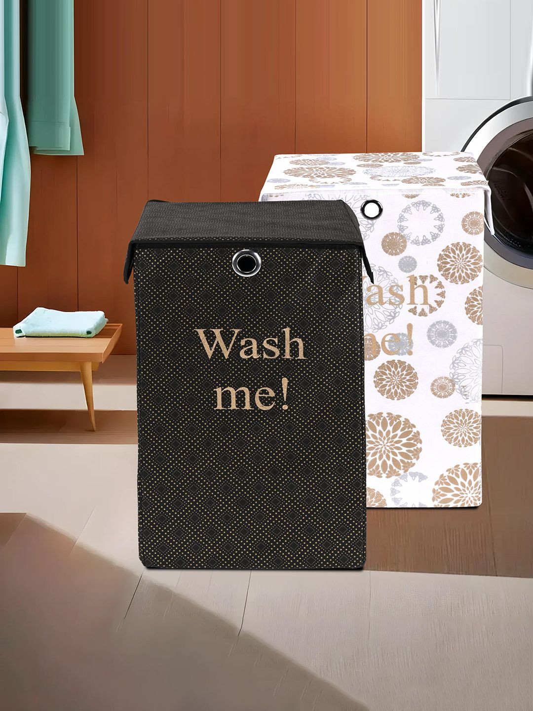 Kuber Industries 2-Pcs White & Black Printed Foldable Dustproof Laundry Bags