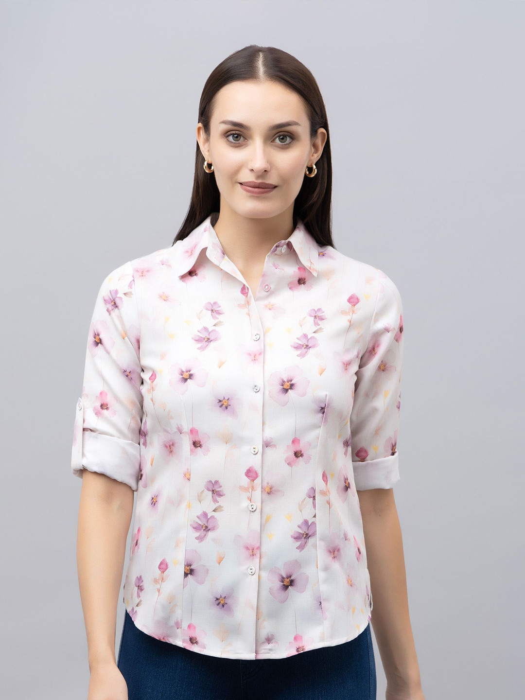 PURYS WORKSPACE Women Classic Spread Collar Floral Printed Linen Blend Semiformal Shirt