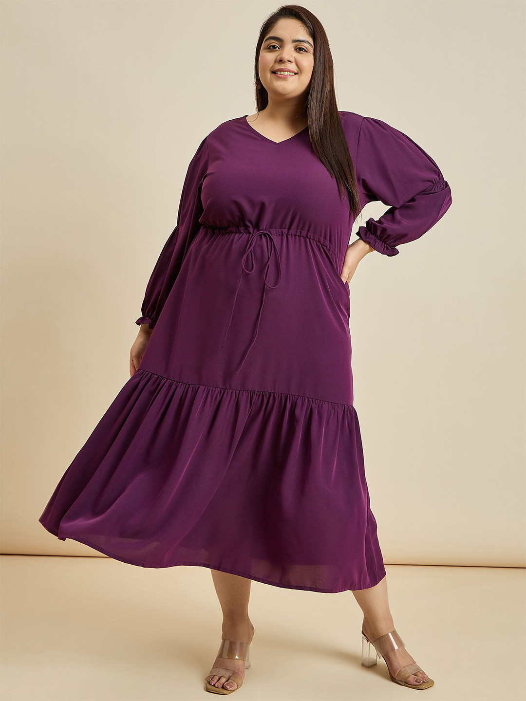 Sztori Women Purple V Neck Long Puff Sleeve Chiffon Maxi Dress