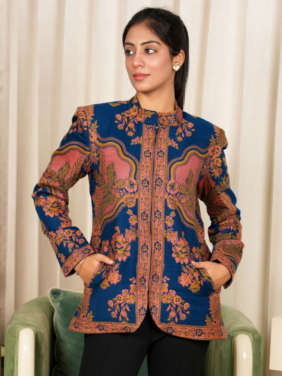 HOUSE OF KIRNA'S WITH LOGO OF HOK Women Mandarin Collar Printed Coat