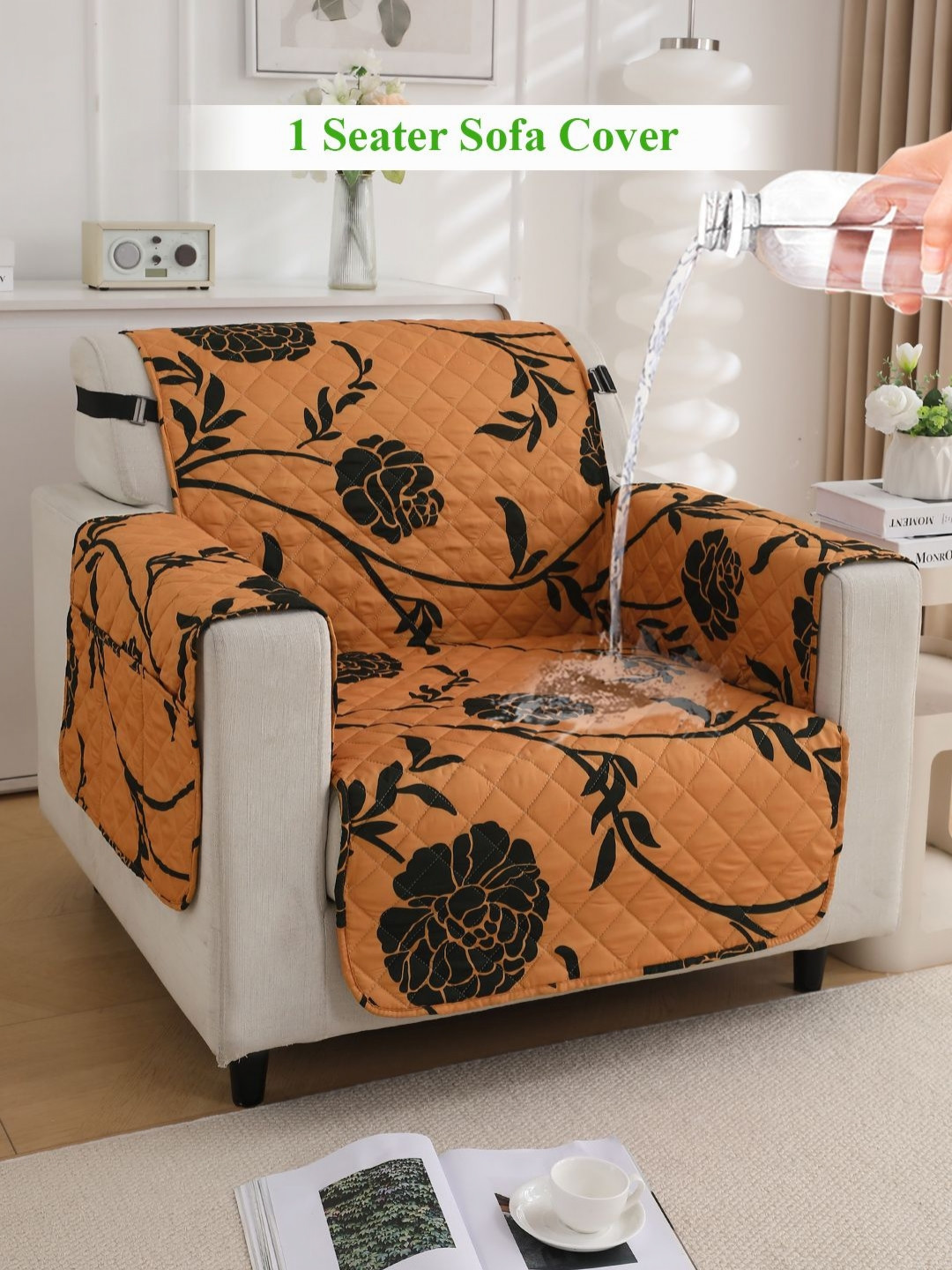 HOKIPO Copper-Toned & Black Printed Waterproof 1 Seater Sofa Mat with Pockets