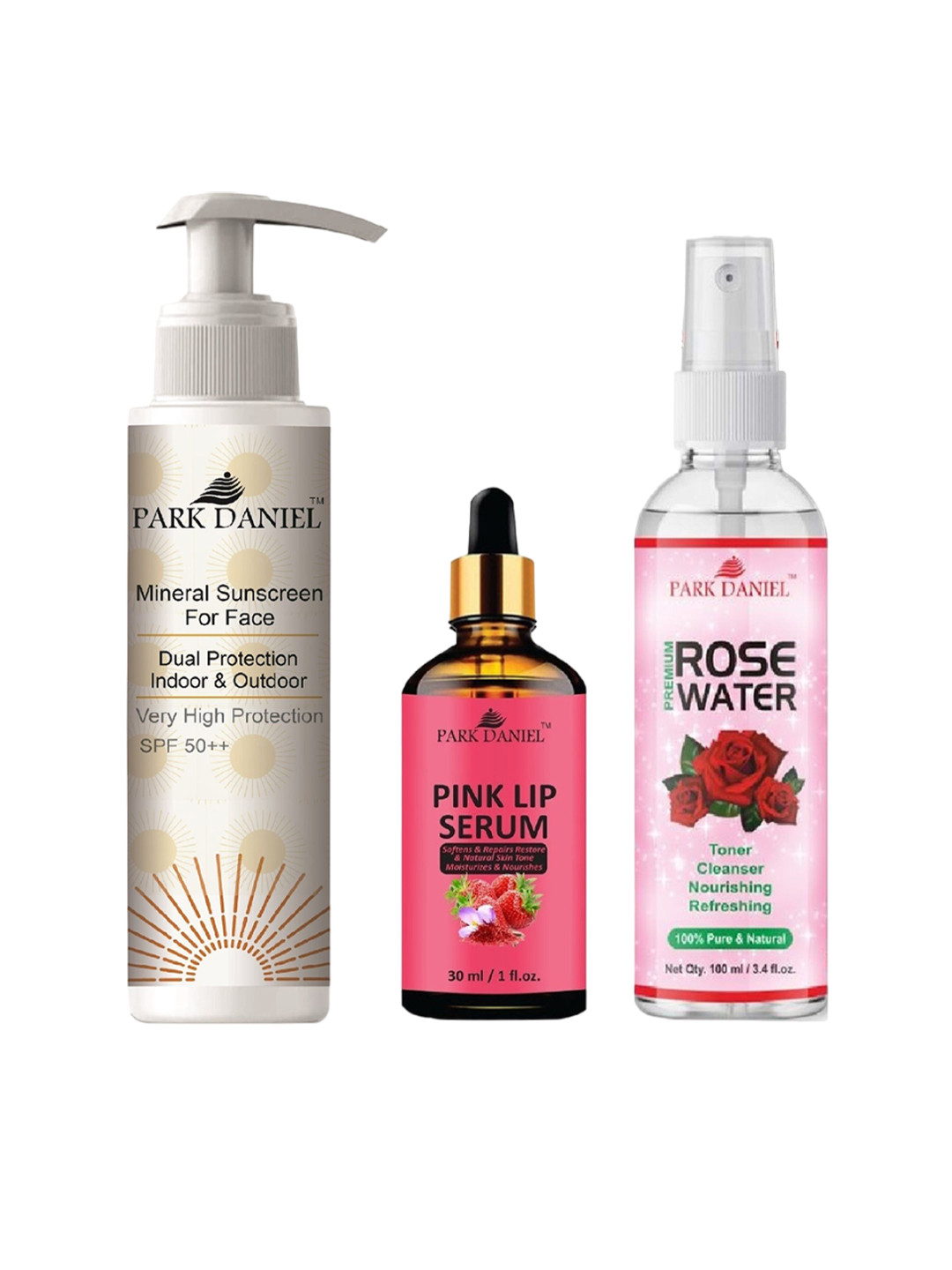 Park Daniel Set Of 3 Sunscreen - 100 ml & Rose Water - 100 ml & Lip Serum - 30 ml