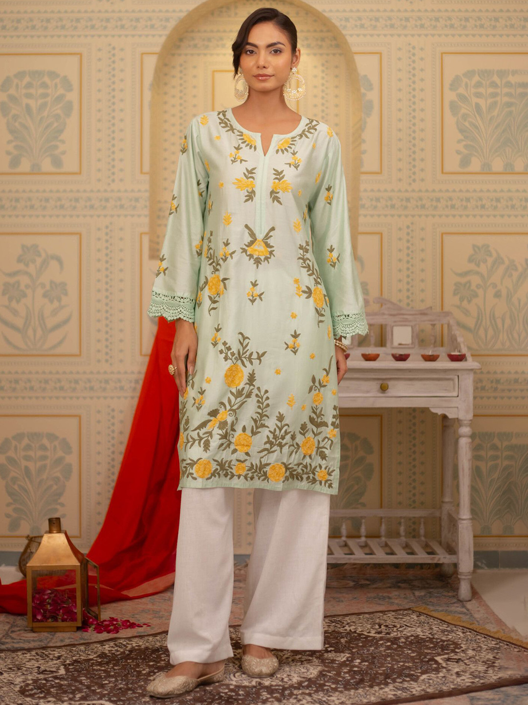 HOUSE OF KARI Floral Embroidered Nothced Neck Straight Chanderi Silk Kurta