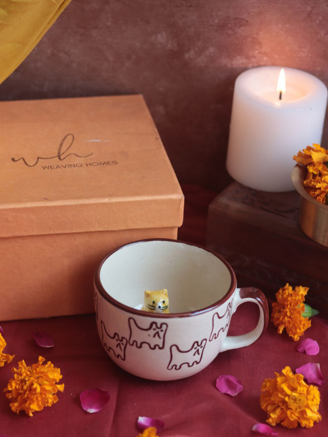WEAVING HOMES White & Brown Printed Ceramic Cup Home Gift Set