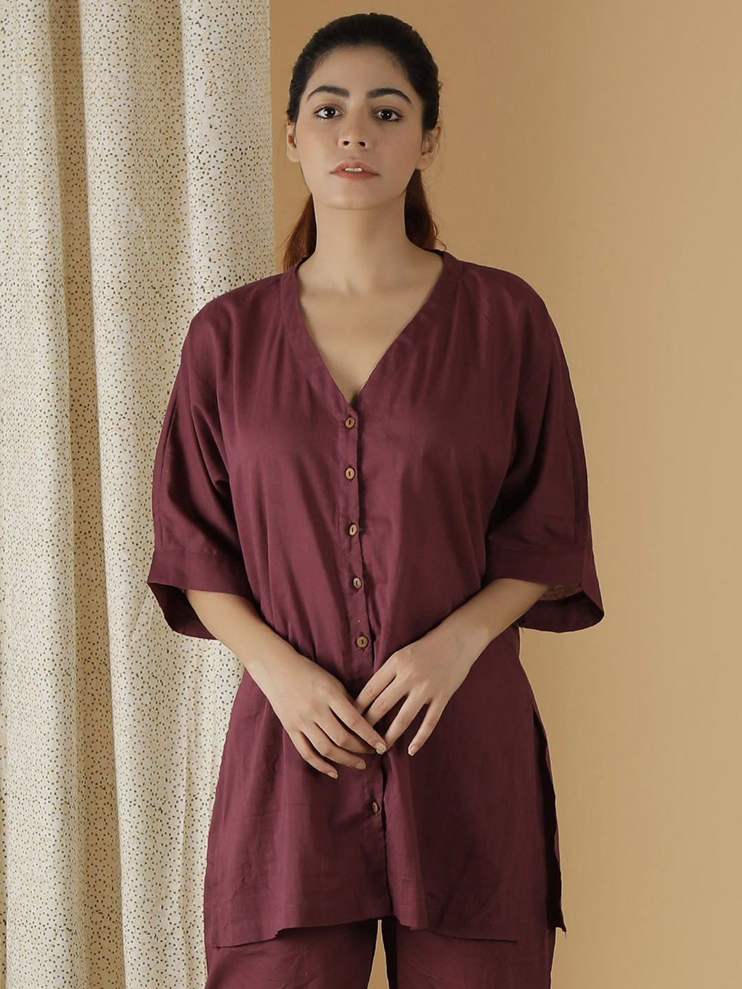 TJORI Women Comfort Collarless Solid Cotton Casual Shirt