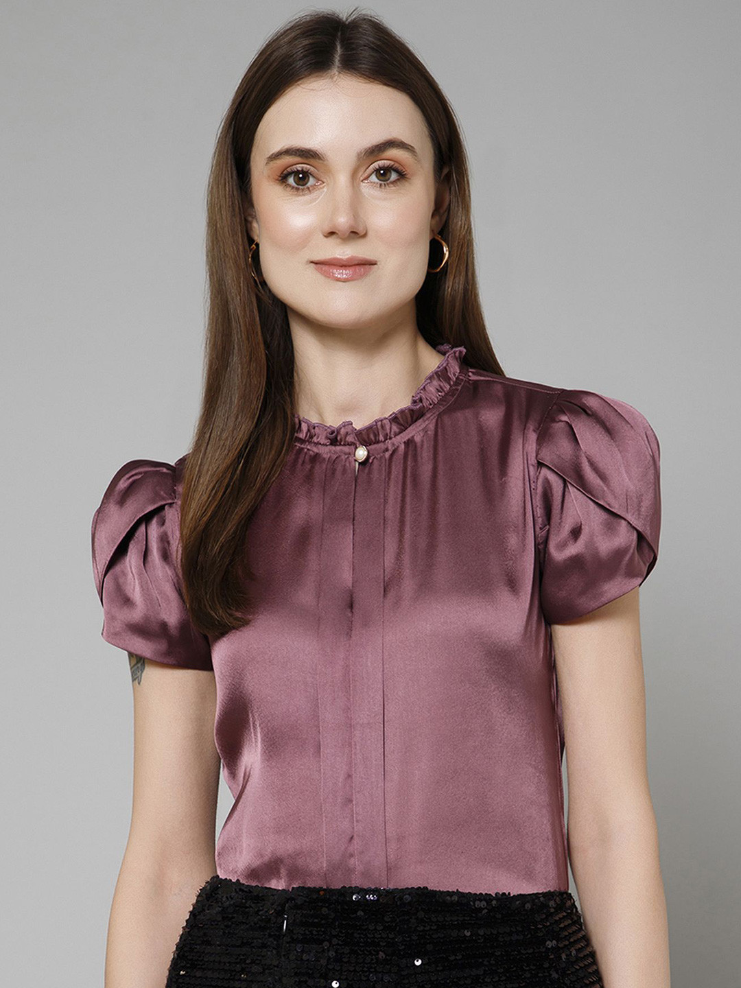 PURYS WORKSPACE Women Mandarin Collar Satin Blouson Top