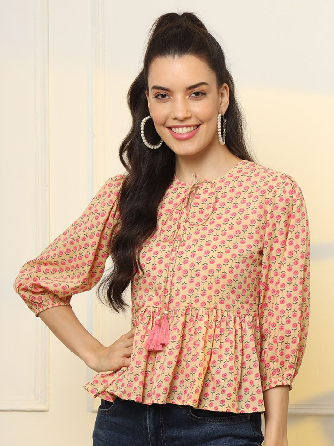 Yufta Women Floral Print Cotton Peplum Top