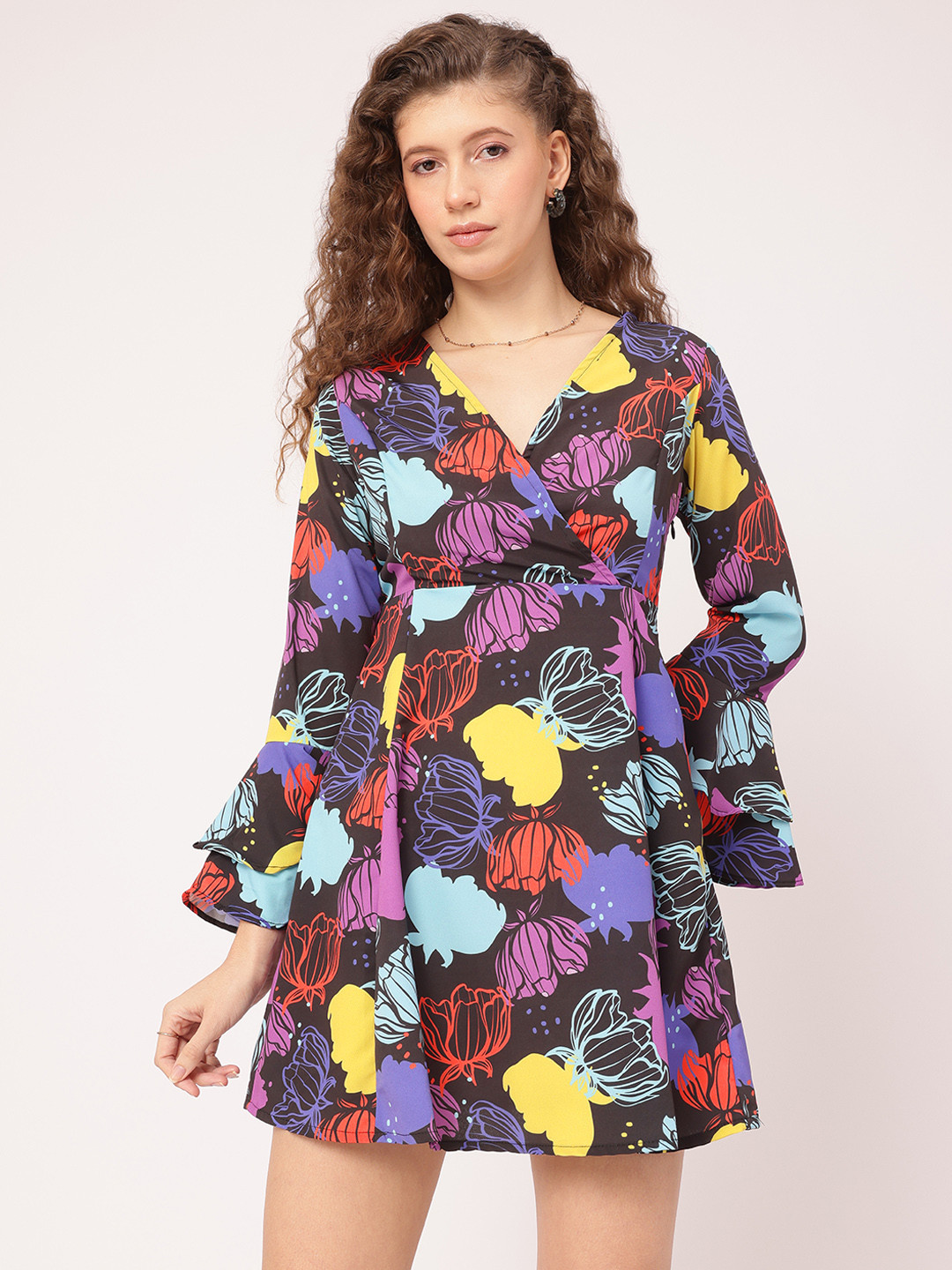 DressBerry Florals Printed Bell Sleeve Mini A-line Dress