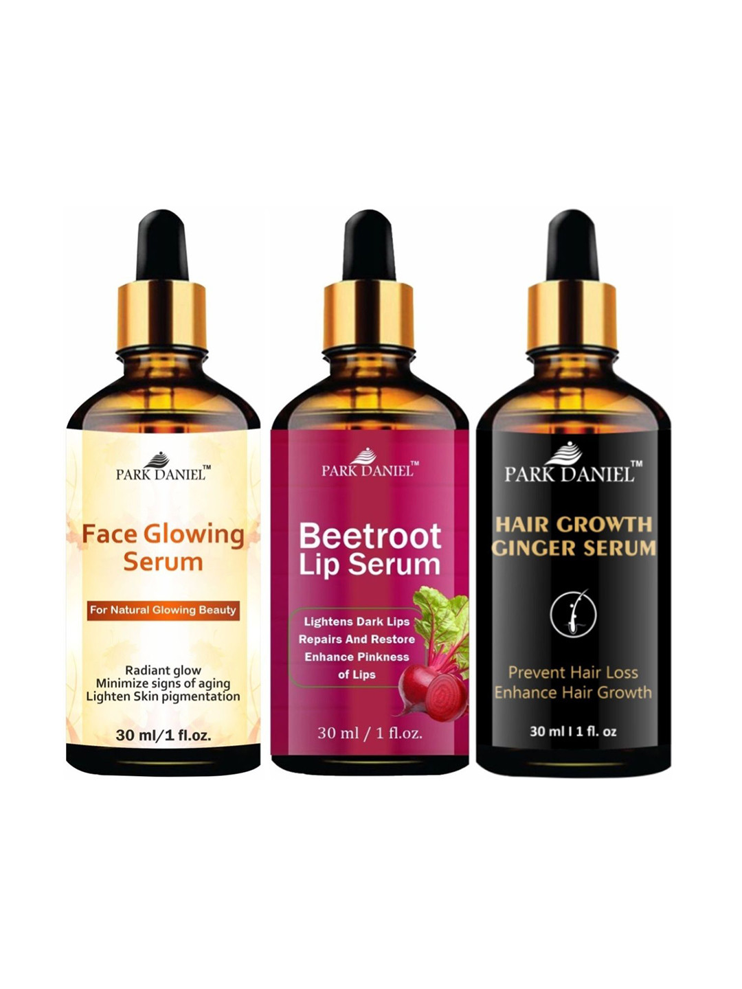 Park Daniel Set Of 3 Serums For Hair Skin & Lips - 30 ml Each