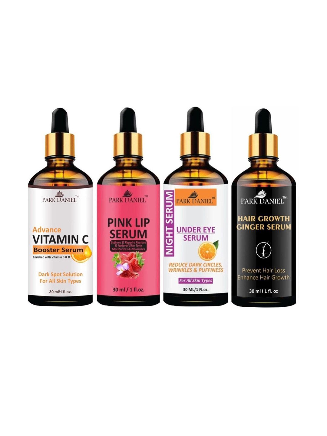 Park Daniel Set Of 4 Vitamin C Booster Serum, Pink Lip Serum, Undereye Serum & Hair Serum