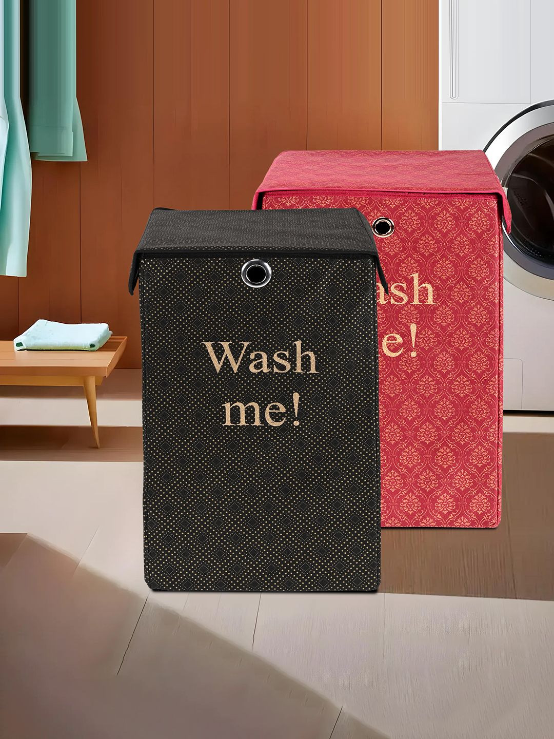 Kuber Industries Black & Maroon 2 Pieces Printed Foldable Laundry Bags